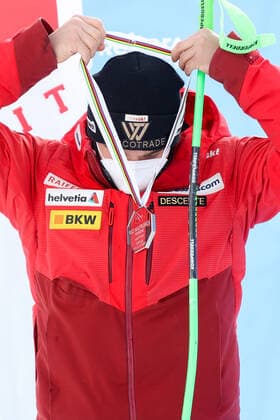 ALPINE SKIING - FIS EC Reiteralm SCHLADMING,AUSTRIA,18.MAR.21- ALPINE SKIING - FIS Europa Cup Final, award ceremony for the Giant Slalom Europa Cup, men. Image shows Semyel Bissig (SUI). Keywords: medal. GEPAxpictures xChristianxWalgram
