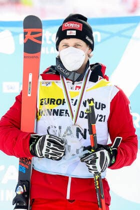 ALPINE SKIING - FIS EC Reiteralm SCHLADMING,AUSTRIA,18.MAR.21- ALPINE SKIING - FIS Europa Cup Final, award ceremony for the Giant Slalom Europa Cup, men. Image shows the rejoicing of Dominik Raschner (AUT). Keywords: medal, trophy. GEPAxpictures xChristianxWalgram