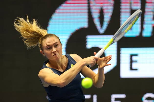 Saint Petersburg, Russia - 18 March 2021: Daria Kasatkina of Russia playing against Aliaksandra Sasnovich of Belarus during the St.Petersburg Ladies Trophy 2021 tennis tournament. MaksimxKonstantinov