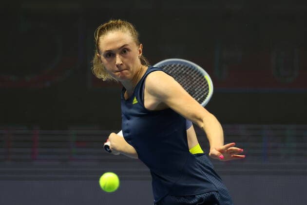 Saint Petersburg, Russia - 18 March 2021: Daria Kasatkina of Russia playing against Aliaksandra Sasnovich of Belarus during the St.Petersburg Ladies Trophy 2021 tennis tournament. MaksimxKonstantinov