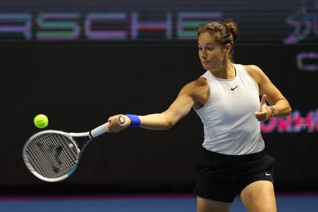 Saint Petersburg, Russia - 18 March 2021: Daria Kasatkina of Russia playing against Aliaksandra Sasnovich of Belarus during the St.Petersburg Ladies Trophy 2021 tennis tournament. MaksimxKonstantinov