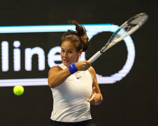 Saint Petersburg, Russia - 18 March 2021: Daria Kasatkina of Russia playing against Aliaksandra Sasnovich of Belarus during the St.Petersburg Ladies Trophy 2021 tennis tournament. MaksimxKonstantinov