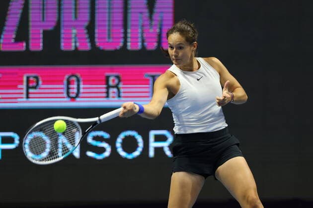 Saint Petersburg, Russia - 18 March 2021: Daria Kasatkina of Russia playing against Aliaksandra Sasnovich of Belarus during the St.Petersburg Ladies Trophy 2021 tennis tournament. MaksimxKonstantinov