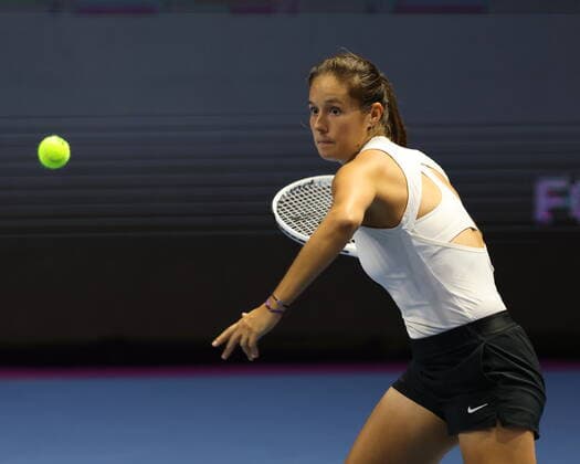 Saint Petersburg, Russia - 18 March 2021: Daria Kasatkina of Russia playing against Aliaksandra Sasnovich of Belarus during the St.Petersburg Ladies Trophy 2021 tennis tournament. MaksimxKonstantinov