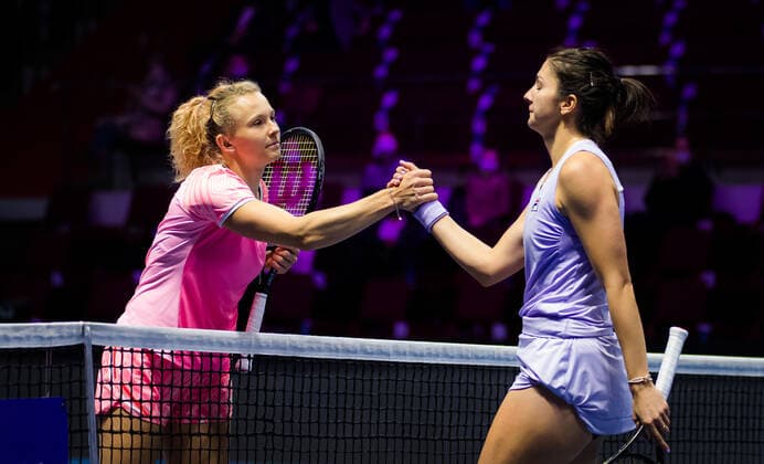 March 18, 2021, ST PETERSBURG, RUSSIA: Katerina Siniakova of the Czech Republic & Margarita Gasparyan of Russia in action during the second round of the 2021 St. Petersburg Ladies Trophy WTA, Tennis Damen 500 tournament ST PETERSBURG RUSSIA - ZUMAa181 20210318_zaa_a181_043 Copyright: xRobxPrangex