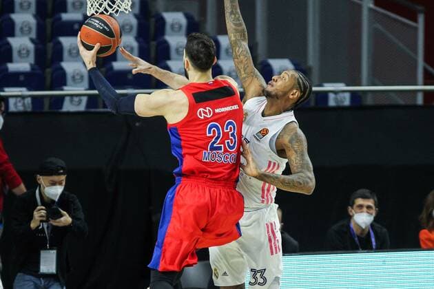 Mandatory Credit: Photo by Irina R Hipolito Shutterstock (11805729k) Tornike Shengelia of CSKA Moscow and Trey Thompkins of Real Madrid in action during Euroleague basketball match played between Real Madrid and PBC CSKA Moscow at Wizink Center stadium on March 18, 2021 in Madrid, Spain. Basket: Euroleague- Real Madrid v CSKA Moscow, Spain - 18 Mar 2021 Basket: Euroleague- Real Madrid v CSKA Moscow, Spain - 18 Mar 2021  Copyright: xIrinaxRxHipolito Shutterstockx 11805729k