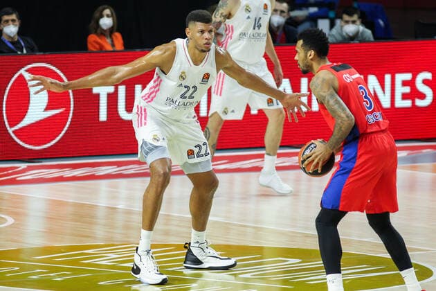 March 18, 2021, MADRID, MADRID, SPAIN: Walter Samuel Tavares da Veiga of Real Madrid and Joel Bolomboy of CSKA Moscow in action during Euroleague basketball match played between Real Madrid and PBC CSKA Moscow at Wizink Center stadium on March 18, 2021 in Madrid, Spain. MADRID SPAIN - ZUMAa181 20210318_zaa_a181_161 Copyright: xIrinaxR.xHipolitox