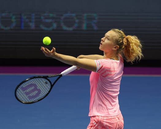 Saint Petersburg, Russia - 18 March 2021: Margarita Gasparyan of Russia playing against Katerina Siniakova of Czech Republic during the St.Petersburg Ladies Trophy 2021 tennis tournament. MaksimxKonstantinov