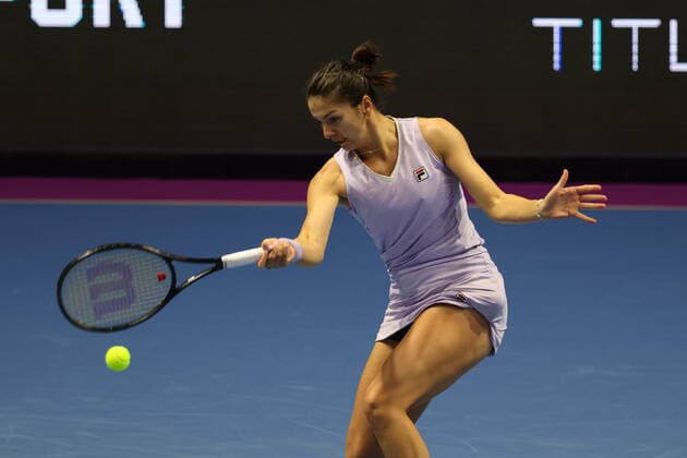 Saint Petersburg, Russia - 18 March 2021: Margarita Gasparyan of Russia playing against Katerina Siniakova of Czech Republic during the St.Petersburg Ladies Trophy 2021 tennis tournament. MaksimxKonstantinov
