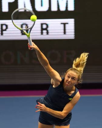 Saint Petersburg, Russia - 18 March 2021: Daria Kasatkina of Russia playing against Aliaksandra Sasnovich of Belarus during the St.Petersburg Ladies Trophy 2021 tennis tournament. MaksimxKonstantinov