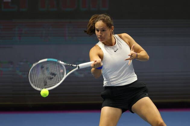 Saint Petersburg, Russia - 18 March 2021: Daria Kasatkina of Russia playing against Aliaksandra Sasnovich of Belarus during the St.Petersburg Ladies Trophy 2021 tennis tournament. MaksimxKonstantinov