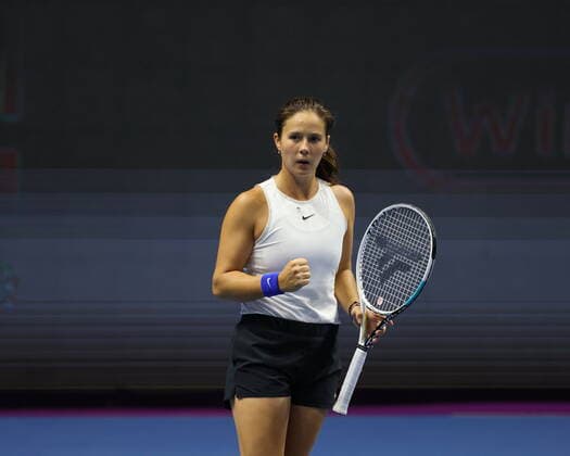 Saint Petersburg, Russia - 18 March 2021: Daria Kasatkina of Russia playing against Aliaksandra Sasnovich of Belarus during the St.Petersburg Ladies Trophy 2021 tennis tournament. MaksimxKonstantinov
