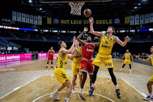 Basketball Berlin 18 03 2021 Season 2020 2021 Euroleague Regular Season Alba Berlin Olympiakos Piraeus Ben Lammers Alba Berlin, No 50 Octavius Ellis Piraeus, No 32