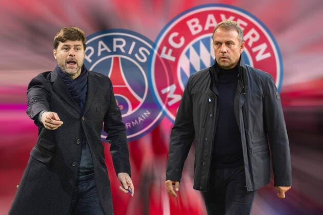 PHOTOMONTAGE FC Bayern Muenchen and its coach Hans Dieter Flick Hansi will meet Paris Saint Germain with coach Mauricio POCHETTINO in the CL quarterfinals Football draw for the Champions League quarterfinals on 19 03 2021