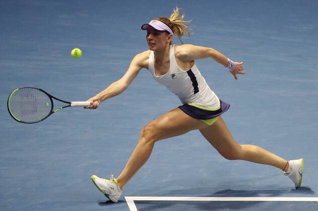 ST PETERSBURG, RUSSIA â€“ MARCH 19, 2021: Russiaâ€™s Ekaterina Alexandrova returns a shot in a 2021 WTA, Tennis Damen Premier St Petersburg Ladies Trophy quarterfinal singles match against Russiaâ€™s Gasparyan at Sibur Arena. Alexander Demianchuk TASS  TS0F9DF9