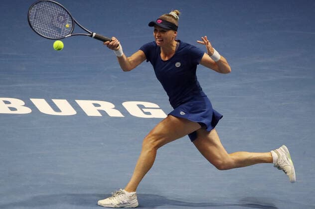 ST PETERSBURG, RUSSIA â€“ MARCH 19, 2021: Russiaâ€™s Vera Zvonareva returns a shot in a 2021 WTA, Tennis Damen Premier St Petersburg Ladies Trophy quarterfinal singles match against Russiaâ€™s Gasanova at Sibur Arena. Alexander Demianchuk TASS  TS0F9E1C