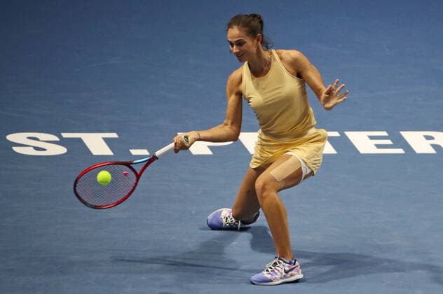 ST PETERSBURG, RUSSIA â€“ MARCH 19, 2021: Russiaâ€™s Anastasia Gasanova returns a shot in a 2021 WTA, Tennis Damen Premier St Petersburg Ladies Trophy quarterfinal singles match against Russiaâ€™s Zvonareva at Sibur Arena. Alexander Demianchuk TASS  TS0F9E21