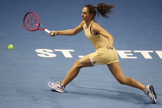ST PETERSBURG, RUSSIA â€“ MARCH 19, 2021: Russiaâ€™s Anastasia Gasanova in a 2021 WTA, Tennis Damen Premier St Petersburg Ladies Trophy quarterfinal singles match against Russiaâ€™s Zvonareva at Sibur Arena. Alexander Demianchuk TASS  TS0F9E23