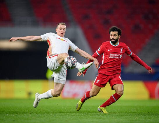 Leipzigs Lukas Klostermann knows against Liverpools Mohamed Salah UEFA Champions League Round of 16, second leg FC Liverpool RB Leipzig 2 0 10 03 2021, Puskas Arena in Budapest Hungary FC Liverpool RB Leipzig