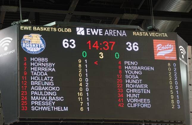 GER, Basketball, EWE Baskets Oldenburg vs Rasta Vechta 19 03 2021, EWE Arena, Oldenburg, GER, easy Credit BBL, EWE Baskets Oldenburg vs Rasta Vechta, in the picture scoreboard with the half time score 63 to 36 for the EWE Baskets Oldenburg in the Derby nordphotoxRojahn nph00310