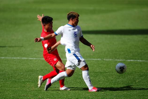 Michael Baldisimo (L) of Canada vies for the ball with Herberth Diaz of El Salvador during their Concacaf Men s Qualifying Soccer Tournament to 2020 Tokio Olympics Games at Jalisco stadium in Guadalajara, Mexico, 19 March 2021. Canada vs. El Salvador !ACHTUNG: NUR REDAKTIONELLE NUTZUNG!  Copyright: xFranciscoxGuascox AME4072 20210320-637517953468160056
