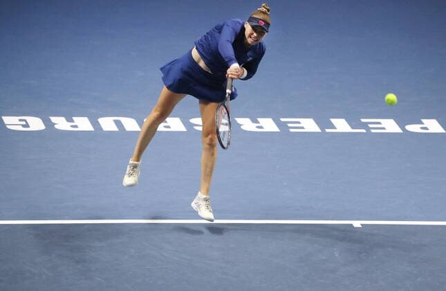 ST PETERSBURG, RUSSIA - MARCH 20, 2021: Russia s Vera Zvonareva returns the ball in a 2021 WTA, Tennis Damen Premier St Petersburg Ladies Trophy semifinal singles match against Russia s Margarita Gasparyan at Sibur Arena. Alexander Demianchuk TASS  TS0F9F2F
