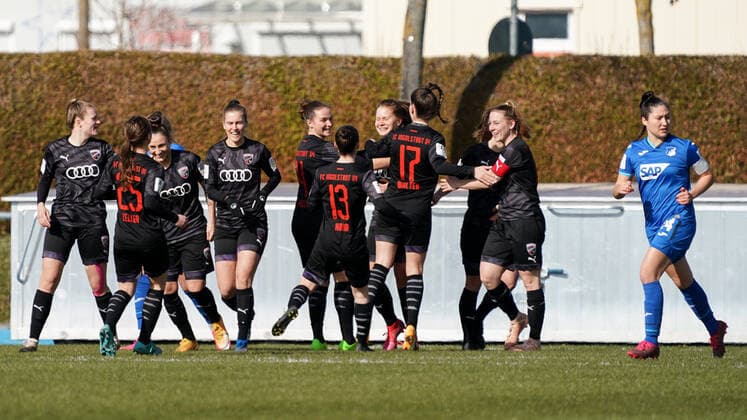 FC Ingolstadt 04 players, jubilate over the goal to 0 1, jubilation, goal celebration, celebrate the goal, goal, celebration, jubilation over the goal, optimistic, game scene, highlight, action, action, 20 03 2021, Sinsheim Germany , Football, 2 Women Bundesliga South, TSG 1899 Hoffenheim II U20 FC Ingolstadt, DFB DFL REGULATES PROHIBIT ANY USE OF PHOTOGRAPHS AS IMAGE SEQUENCES AND OR QUASI VIDEO xozx