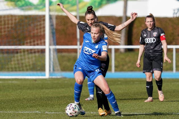 v li Celina Degen TSG II, 17 , Ivana Slipcevic FCI, 23 , duel, tackle, tackling, dynamic, action, action, 20 03 2021, Sinsheim Germany , Football, 2 Frauen Bundesliga Süd, TSG 1899 Hoffenheim II U20 FC Ingolstadt, DFB DFL REGULATIONS PROHIBIT ANY USE OF PHOTOGRAPHS AS IMAGE SEQUENCES AND OR QUASI VIDEO xozx
