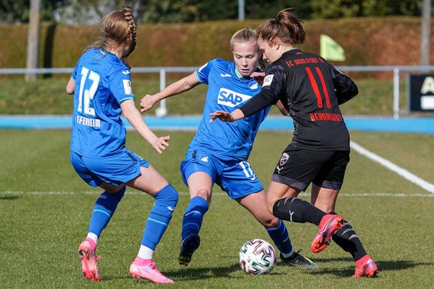 v li Karla Görlitz TSG II, 12 , Celina Degen TSG II, 17 , Emilie Bernhardt FCI, 11 , duel, game scene, duel, tackle, tackling, dynamic, action, action, 20 03 2021, Sinsheim Germany , Football, 2 Frauen Bundesliga Süd, TSG 1899 Hoffenheim II U20 FC Ingolstadt, DFB DFL REGULATIONS PROHIBIT ANY USE OF PHOTOGRAPHS AS IMAGE SEQUENCES AND OR QUASI VIDEO xozx