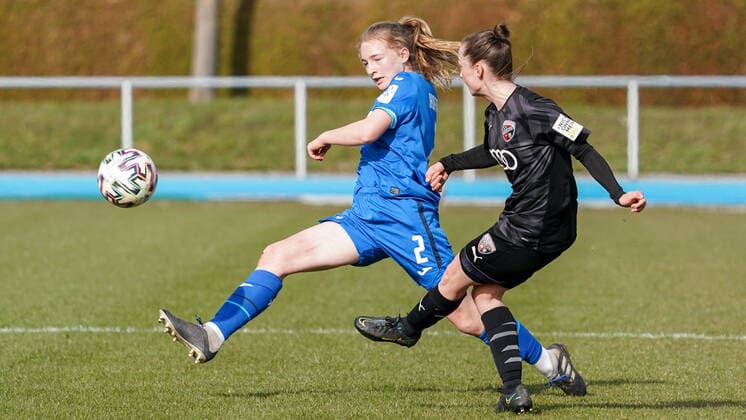 v li Linette Hofmann TSG II, 2 , Vanessa Haim FCI, 13 , Action, Action, Game scene, 20 03 2021, Sinsheim Germany , Football, 2 Women Bundesliga Süd, TSG 1899 Hoffenheim II U20 FC Ingolstadt, DFB DFL REGULATIONS PROHIBIT ANY USE OF PHOTOGRAPHS AS IMAGE SEQUENCES AND OR QUASI VIDEO xozx