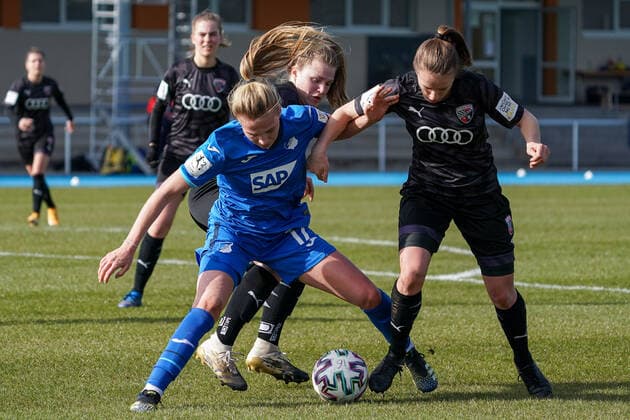 v li Amelie Thöle FCI, 24 , Celina Degen TSG II, 17 , Stefanie Reischmann FCI, 21 , duel, game scene, duel, tackle, tackling, dynamic, action, action, 20 03 2021, Sinsheim Germany , Football, 2 Frauen Bundesliga Süd, TSG 1899 Hoffenheim II U20 FC Ingolstadt, DFB DFL REGULATIONS PROHIBIT ANY USE OF PHOTOGRAPHS AS IMAGE SEQUENCES AND OR QUASI VIDEO xozx