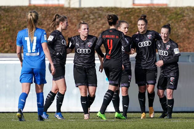 FC Ingolstadt 04 players cheer with goal scorer Ivana Slipcevic FCI, 23, 2 v right over the goal to 1 2 , jubilation, goal celebration, celebrate the goal, goal, celebration, cheering over the goal, optimistic, game scene, Highlight, Action, Action, 20 03 2021, Sinsheim Germany , Football, 2 Women Bundesliga South, TSG 1899 Hoffenheim II U20 FC Ingolstadt, DFB DFL REGULATES PROHIBIT ANY USE OF PHOTOGRAPHS AS IMAGE SEQUENCES AND OR QUASI VIDEO xozx