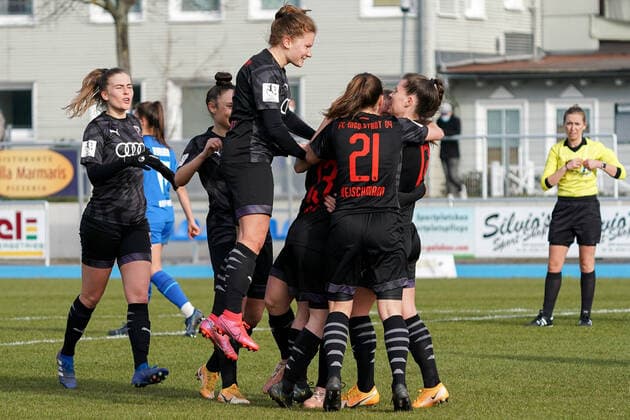 FC Ingolstadt 04 players, jubilate over the goal to 1 3, jubilation, goal celebration, celebrate the goal, goal, celebration, jubilation over the goal, optimistic, game scene, highlight, action, action, 20 03 2021, Sinsheim Germany , Football, 2 Women Bundesliga South, TSG 1899 Hoffenheim II U20 FC Ingolstadt, DFB DFL REGULATES PROHIBIT ANY USE OF PHOTOGRAPHS AS IMAGE SEQUENCES AND OR QUASI VIDEO xozx