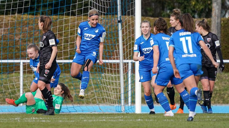 TSG 1899 Hoffenheim II U20 players cheer with goal scorer Vanessa Leimenstoll TSG II, 9, jumping in the air over the goal to make it 3 3, cheering, goal celebration, celebrate the goal, goal, celebration, cheering over the goal, optimistic, match scene, highlight, action, 20 03 2021, Sinsheim Germany , football, 2 Frauen Bundesliga Süd, TSG 1899 Hoffenheim II U20 FC Ingolstadt, DFB DFL REGULATES PROHIBIT ANY USE OF PHOTOGRAPHS AS IMAGE SEQUENCES AND OR QUASI VIDEO xozx