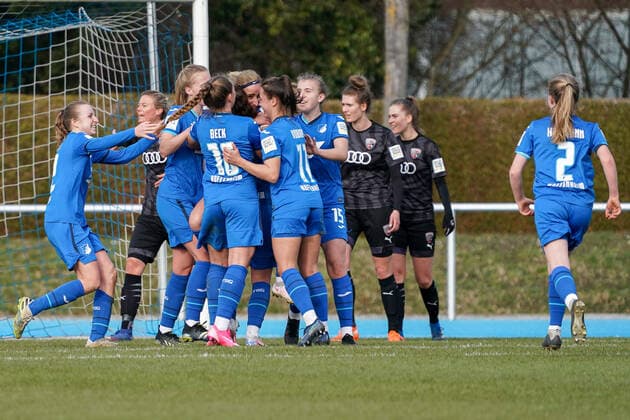 TSG 1899 Hoffenheim II U20 players jubilate over goal to make it 3 3, jubilation, goal celebration, celebrate the goal, celebration, cheering over the goal, optimistic, match scene, highlight, action, Action, 20 03 2021, Sinsheim Germany , Football, 2 Women Bundesliga South, TSG 1899 Hoffenheim II U20 FC Ingolstadt, DFB DFL REGULATES PROHIBIT ANY USE OF PHOTOGRAPHS AS IMAGE SEQUENCES AND OR QUASI VIDEO xozx