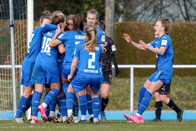 TSG 1899 Hoffenheim II U20 players jubilate over goal to make it 3 3, jubilation, goal celebration, celebrate the goal, celebration, cheering over the goal, optimistic, match scene, highlight, action, Action, 20 03 2021, Sinsheim Germany , Football, 2 Women Bundesliga South, TSG 1899 Hoffenheim II U20 FC Ingolstadt, DFB DFL REGULATES PROHIBIT ANY USE OF PHOTOGRAPHS AS IMAGE SEQUENCES AND OR QUASI VIDEO xozx