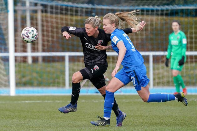v li Mona Budnick FCI, 9 , Celina Degen TSG II, 17 , Duel, duel, tackle, tackling, dynamic, action, action, 20 03 2021, Sinsheim Germany , Football, 2 Frauen Bundesliga Süd, TSG 1899 Hoffenheim II U20 FC Ingolstadt, DFB DFL REGULATIONS PROHIBIT ANY USE OF PHOTOGRAPHS AS IMAGE SEQUENCES AND OR QUASI VIDEO xozx