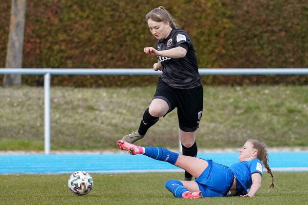 v li Lea Spittka FCI, 2 , Karla Görlitz TSG II, 12 , Zweikampf, Spielzene, Duell, duel, tackle, tackling, Dynamik, Action, Aktion, 20 03 2021, Sinsheim Germany , Fussball, 2 Frauen Bundesliga Süd, TSG 1899 Hoffenheim II U20 FC Ingolstadt, DFB DFL REGULATIONS PROHIBIT ANY USE OF PHOTOGRAPHS AS IMAGE SEQUENCES AND OR QUASI VIDEO xozx