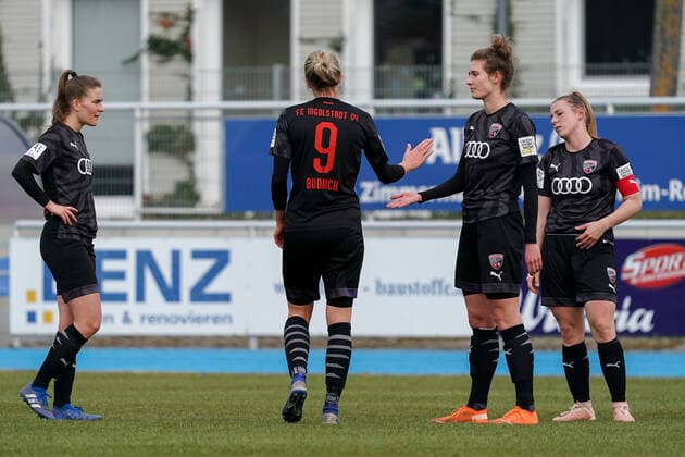 FC Ingolstadt 04 players, looking disappointed, disappointment, frustration, disappointed, pessimistic, action, game scene, 20 03 2021, Sinsheim Germany , Football, 2 Frauen Bundesliga Süd, TSG 1899 Hoffenheim II U20 FC Ingolstadt, DFB DFL REGULATIONS PROHIBIT ANY USE OF PHOTOGRAPHS AS IMAGE SEQUENCES AND OR QUASI VIDEO xozx