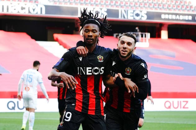Joie - Khephren Thuram (OGC Nice) - Amine Gouiri (OGC Nice) FOOTBALL : OGC Nice vs Marseille - Ligue 1 Uber Eats - Nice - 20 03 2021 NorbertScanella PanoramiC 