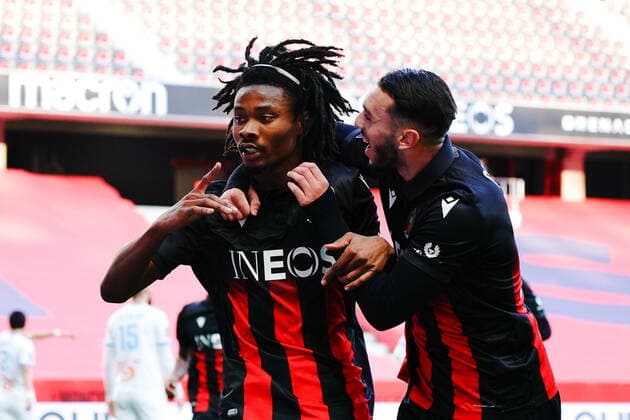 Joie - Khephren Thuram (OGC Nice) - Amine Gouiri (OGC Nice) FOOTBALL : OGC Nice vs Marseille - Ligue 1 Uber Eats - Nice - 20 03 2021 NorbertScanella PanoramiC 