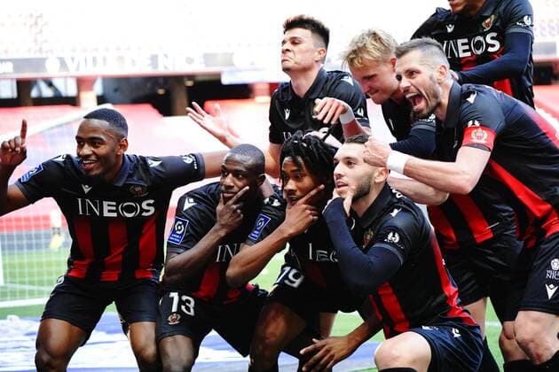 Joie - Khephren Thuram (OGC Nice) - Amine Gouiri (OGC Nice) - Hassane Kamara (OGC Nice) - Flavius Daniluc (OGC Nice) - Kasper Dolberg (OGC Nice) - Myziane Maolida (OGC Nice) - Morgan Schneiderlin (OGC Nice) FOOTBALL : OGC Nice vs Marseille - Ligue 1 Uber Eats - Nice - 20 03 2021 NorbertScanella PanoramiC 