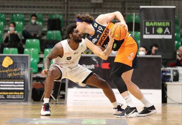 20 03 2021 Basketball Season 2019 2020 2 Bundesliga Pro A 27 Spieltag Nürnberg Falcons Basketball Club NBC Rostock Seawolves DaMa Mario Kegler 1, Nürnberg Falcons BC NBC Sid Marlon Theis 19, Rostock Seawolves