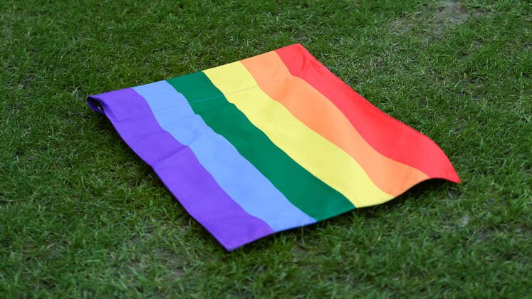 v li A rainbow flag lies on the ground, lawn grass, diversity, anti-discrimination, LGBTQI, corner flag, bunting, colorful, THE DFB DIRECTIVES PROHIBIT ANY USE OF PHOTOGRAPHS AS IMAGE SEQUENCES AN OR QUASI VIDEO , 20 03 2021, Wolfsburg Germany , Football, DFB Pokal Women, VfL Wolfsburg SV Werder Bremen xobx