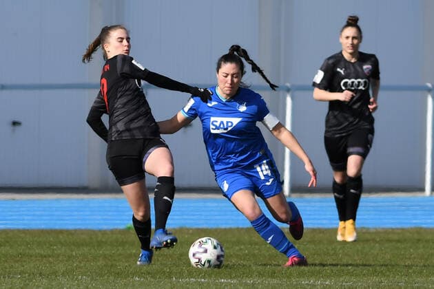 QLSinsheim, Germany 20 March 2021 2 FBL 2020 2021 TSG 1899 Hoffenheim U20 vs FC Ingolstadt from left Jana Scharly FC Ingolstadt and Mayalu Rausch TSG 1899 Hoffenheim U20 Helmut Gmelin Stadion Baden Württemberg Copyright: xFotostandx xLoerzx