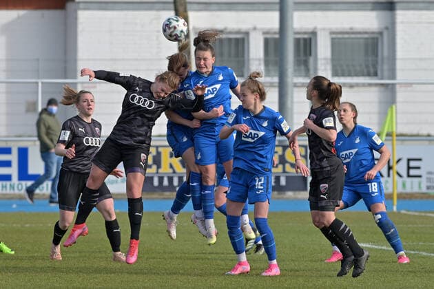 Sinsheim, Germany 20 March 2021 2 FBL 2020 2021 TSG 1899 Hoffenheim U20 vs FC Ingolstadt from left Emilie Bernhardt FC Ingolstadt and Amelie Claire Bohnen TSG 1899 Hoffenheim U20 , header, header duel, penalty area, penalty area scene Helmut Gmelin Stadion Baden Württemberg Copyright: xFotostandx xLoerzx