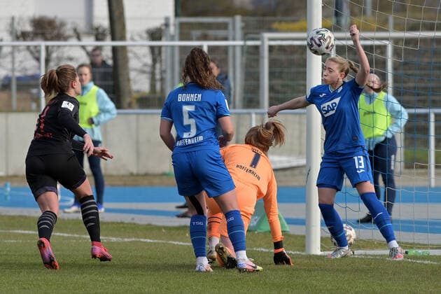 Sinsheim, Germany 20 March 2021 2 FBL 2020 2021 TSG 1899 Hoffenheim U20 vs FC Ingolstadt right header, header duel Lisa Drexler TSG 1899 Hoffenheim U20 clears by head on the line , penalty area, penalty area scene Helmut Gmelin Stadion Baden Württemberg Copyright: xFotostandx xLoerzx