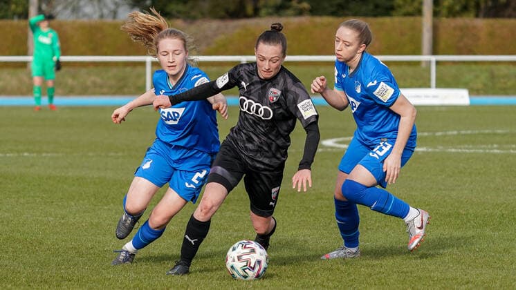 v li Linette Hofmann TSG II, 2 , Vanessa Haim FCI, 13 , Lisa Drexler TSG II, 13 , duel, game scene, duel, tackle, tackling, dynamic, action, action, 20 03 2021, Sinsheim Germany , Football, 2 Frauen Bundesliga Süd, TSG 1899 Hoffenheim II U20 FC Ingolstadt, DFB DFL REGULATIONS PROHIBIT ANY USE OF PHOTOGRAPHS AS IMAGE SEQUENCES AND OR QUASI VIDEO xozx