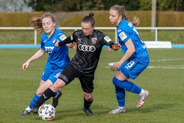 v li Linette Hofmann TSG II, 2 , Vanessa Haim FCI, 13 , Lisa Drexler TSG II, 13 , duel, game scene, duel, tackle, tackling, dynamic, action, action, 20 03 2021, Sinsheim Germany , Football, 2 Frauen Bundesliga Süd, TSG 1899 Hoffenheim II U20 FC Ingolstadt, DFB DFL REGULATIONS PROHIBIT ANY USE OF PHOTOGRAPHS AS IMAGE SEQUENCES AND OR QUASI VIDEO xozx