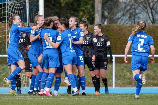 TSG 1899 Hoffenheim players, jubilate over the goal to make it 3 3, jubilation, goal celebration, celebrate the goal, celebration, jubilation over the goal, optimistic, match scene, highlight, action, action, 20 03 2021, Sinsheim Germany , Football, 2 Women Bundesliga South, TSG 1899 Hoffenheim II U20 FC Ingolstadt, DFB DFL REGULATES PROHIBIT ANY USE OF PHOTOGRAPHS AS IMAGE SEQUENCES AND OR QUASI VIDEO xozx
